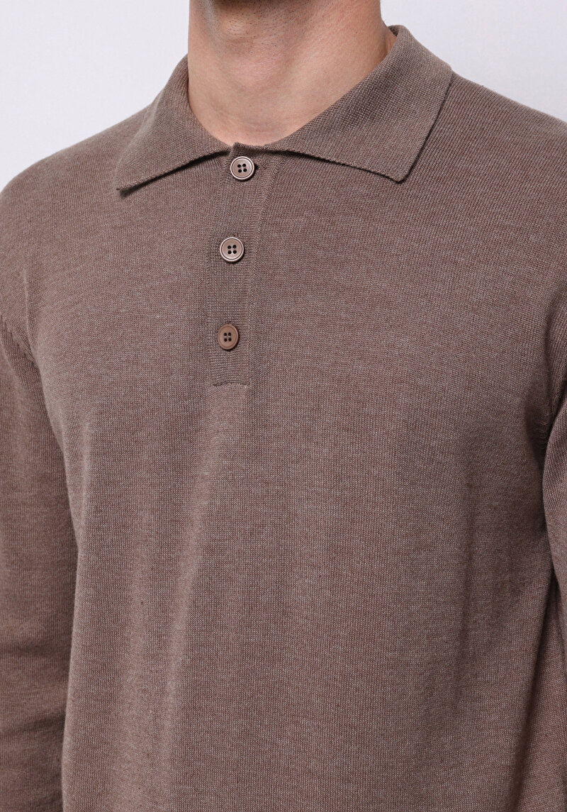 Regular Fit Polo Yaka Jakarlı Erkek Bej Kazak