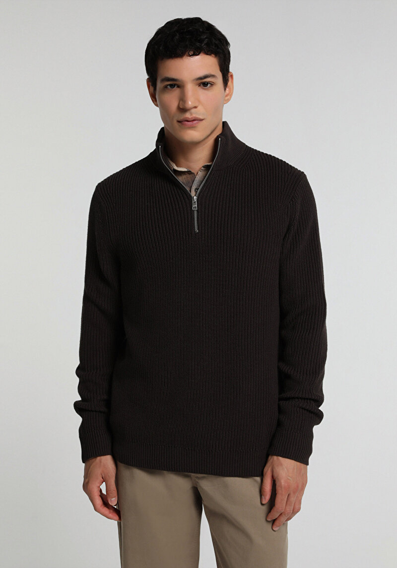 Regular Fit High Neck Jakarlı Erkek Kahverengi Kazak