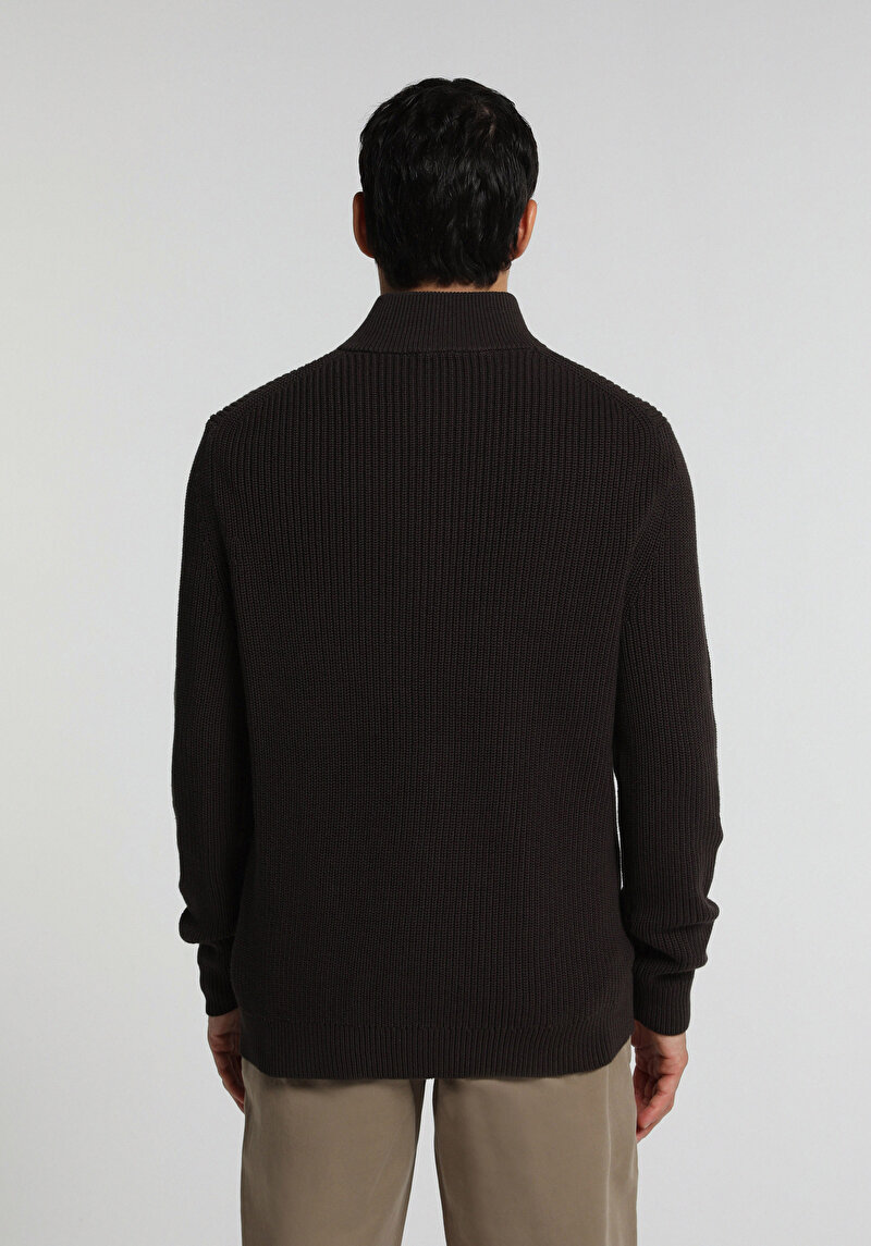 Regular Fit High Neck Jakarlı Erkek Kahverengi Kazak
