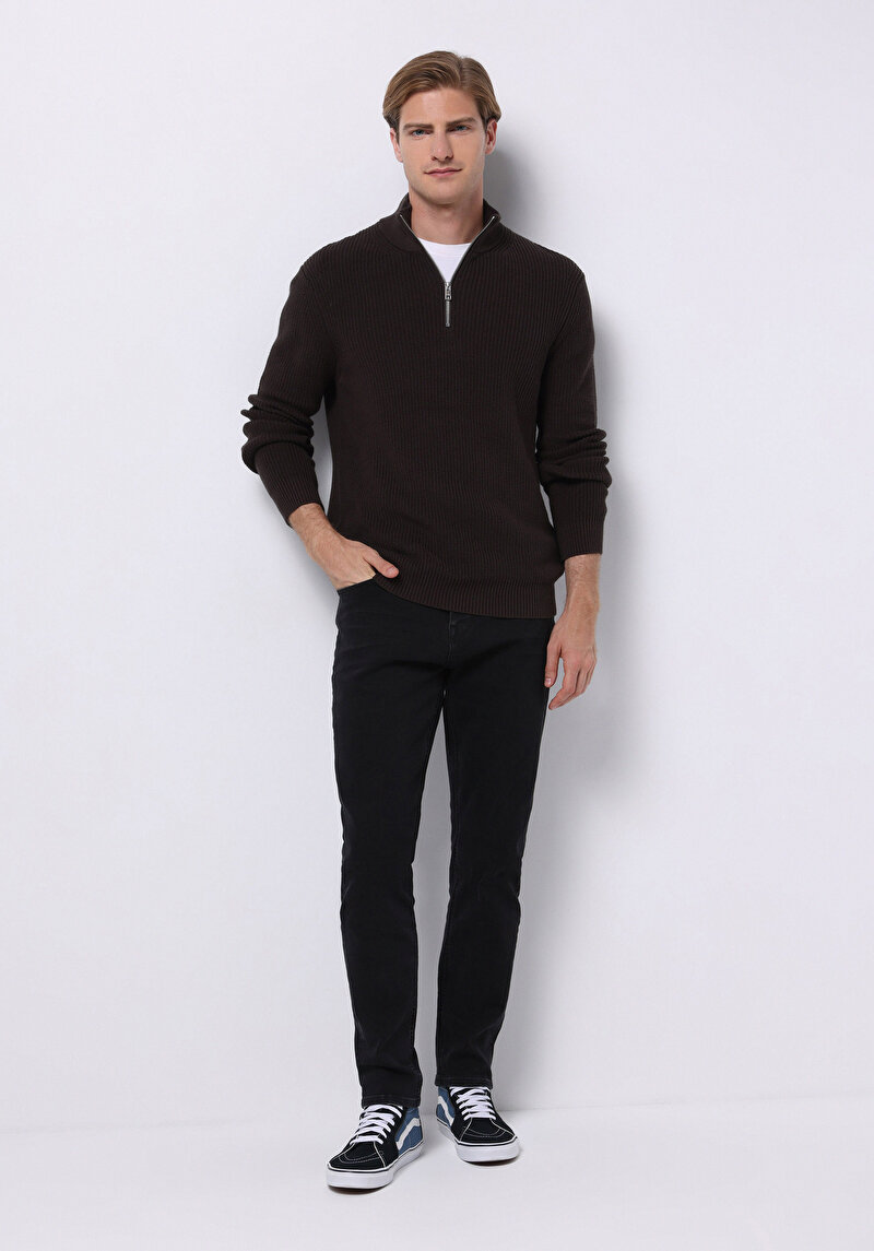 Regular Fit High Neck Jakarlı Erkek Kahverengi Kazak