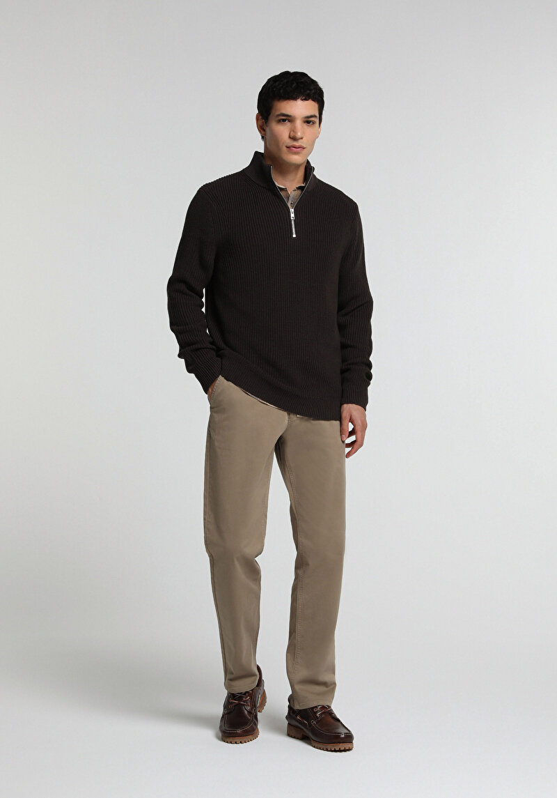 Regular Fit High Neck Jakarlı Erkek Kahverengi Kazak