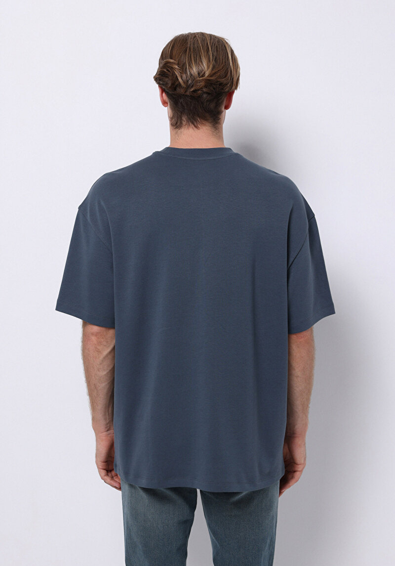 Oversize Fit Yuvarlak Yaka Düz Erkek Mavi Kısa Kol Tişört
