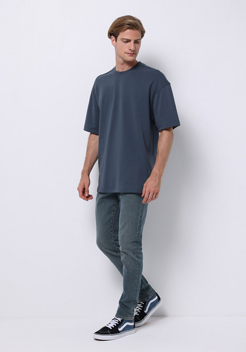 Oversize Fit Yuvarlak Yaka Düz Erkek Mavi Kısa Kol Tişört