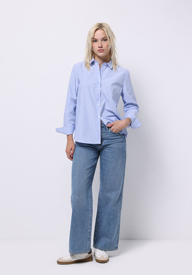 Regular Fit Shirt Neck Düz Kadın Mavi Uzun Kol Gömlek