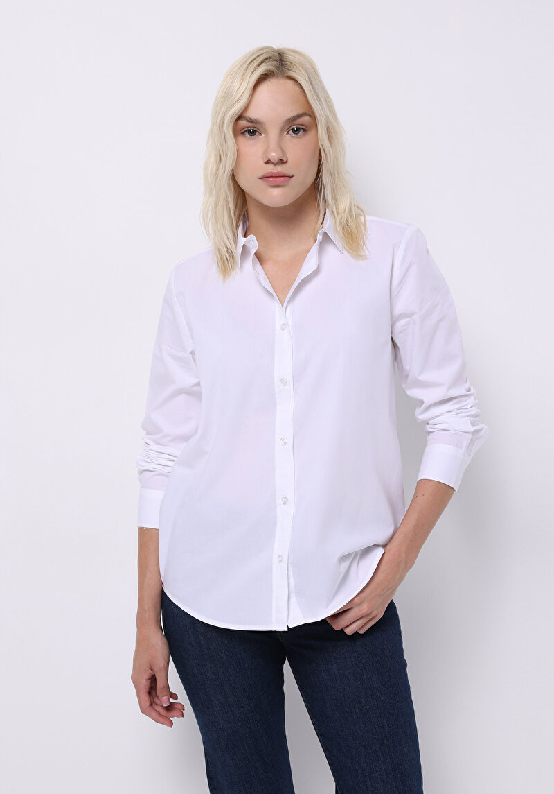 Regular Fit Shirt Neck Düz Kadın Beyaz Uzun Kol Gömlek