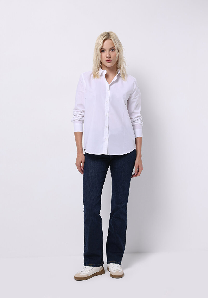Regular Fit Shirt Neck Düz Kadın Beyaz Uzun Kol Gömlek