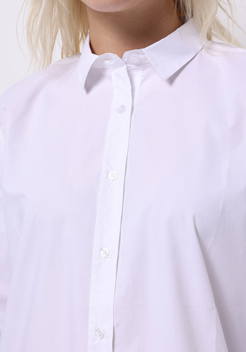 Regular Fit Shirt Neck Düz Kadın Beyaz Uzun Kol Gömlek