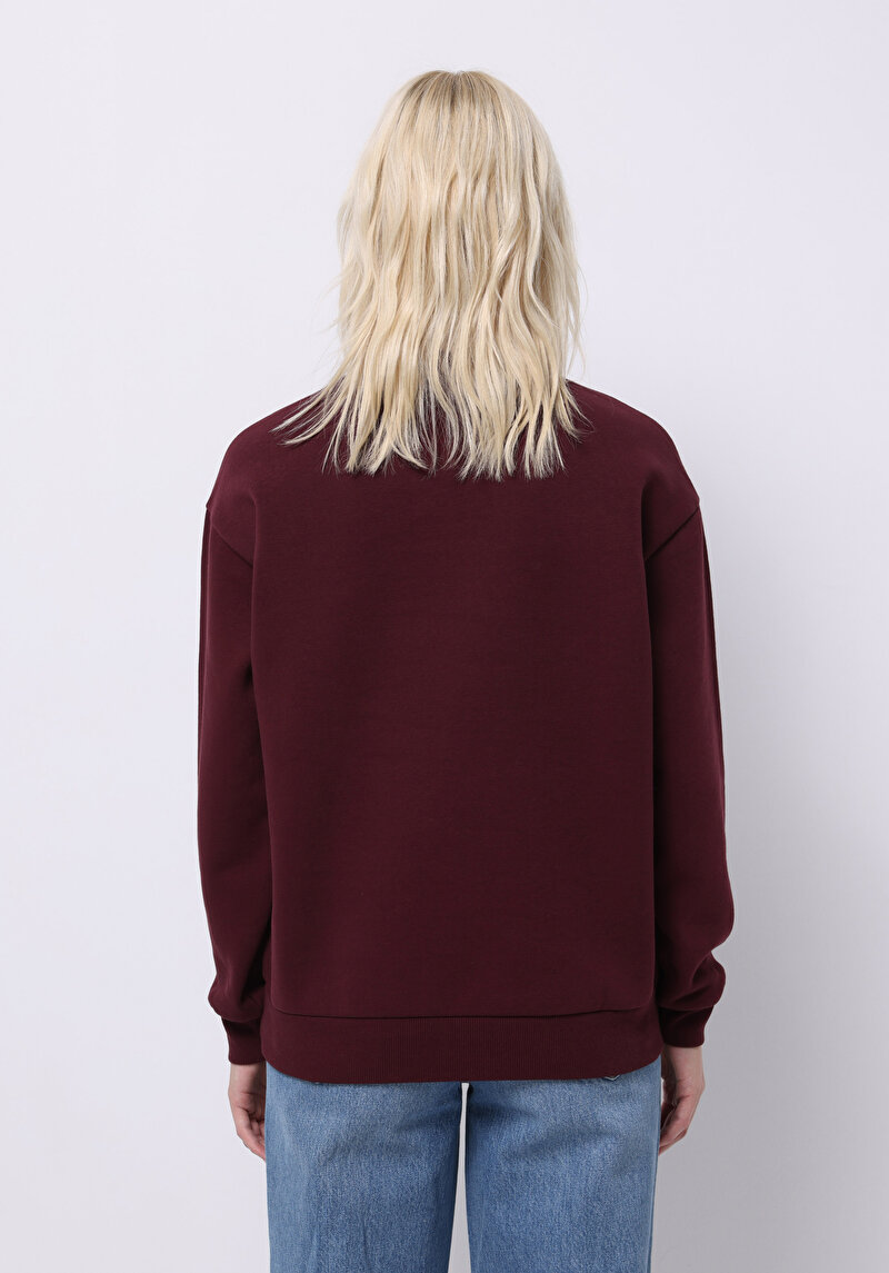 Regular Fit Yuvarlak Yaka Baskılı Kadın Bordo Sweatshirt