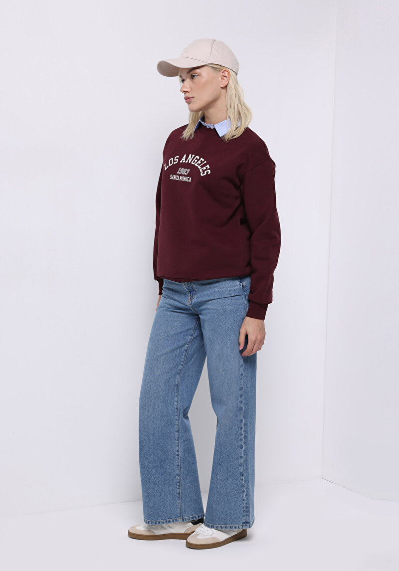 Regular Fit Yuvarlak Yaka Baskılı Kadın Bordo Sweatshirt