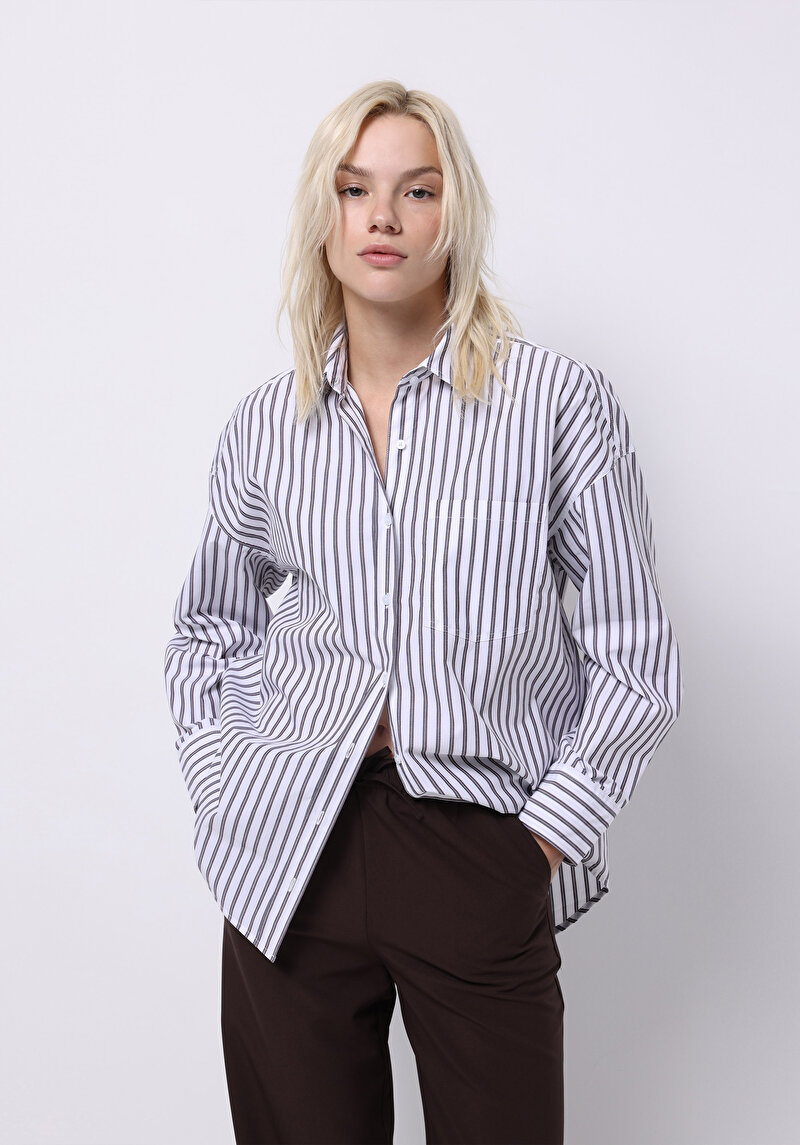 Relax Fit Shirt Neck Çizgili Kadın Mor Uzun Kol Gömlek