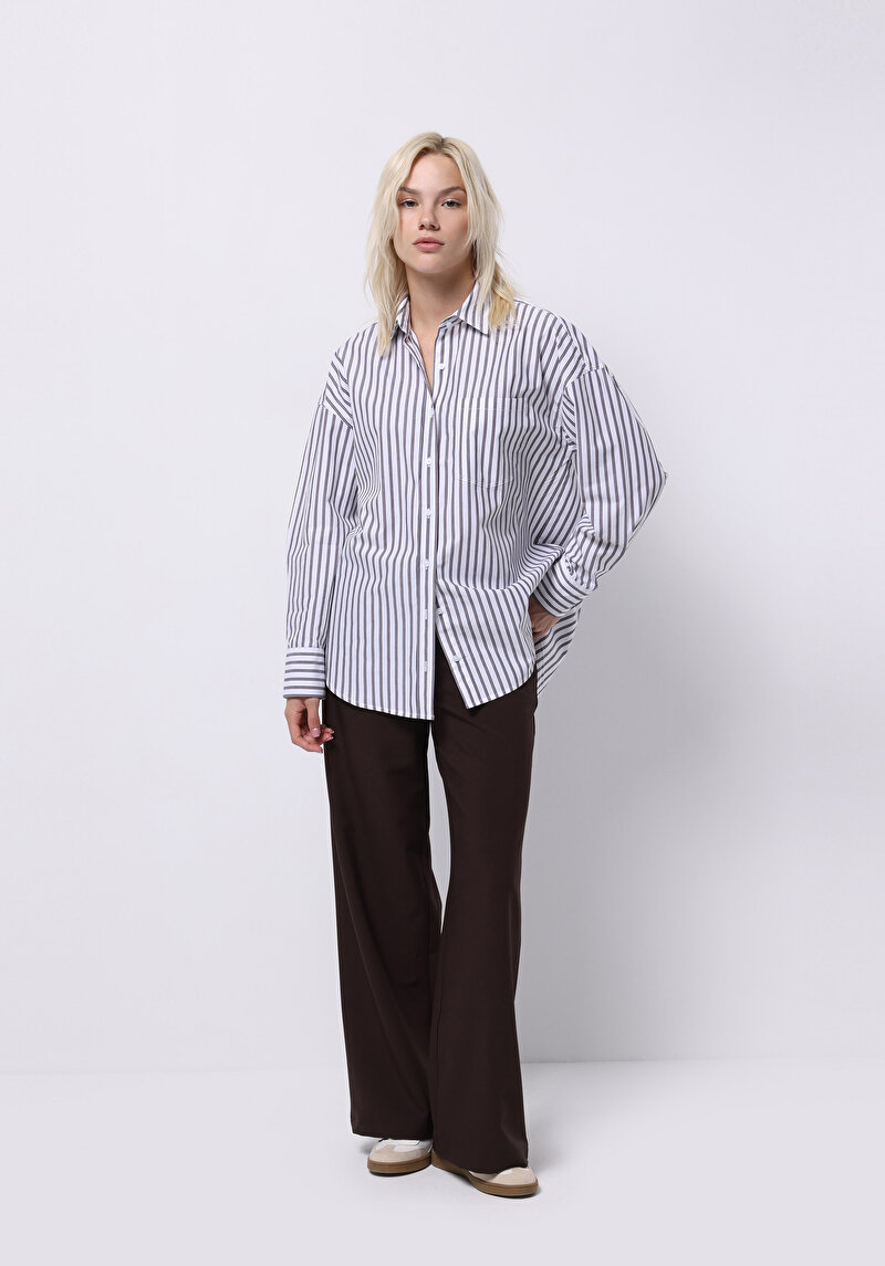 Relax Fit Shirt Neck Çizgili Kadın Mor Uzun Kol Gömlek