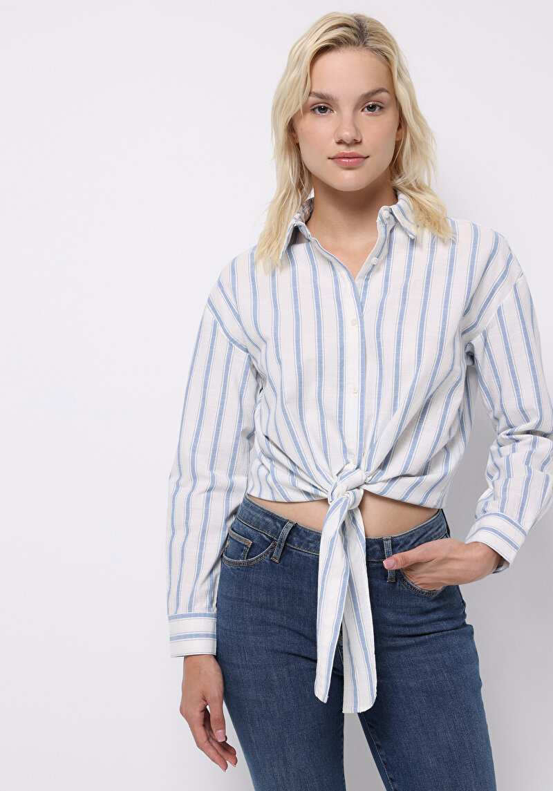 Regular Fit Shirt Neck Çizgili Kadın Mavi Uzun Kol Gömlek