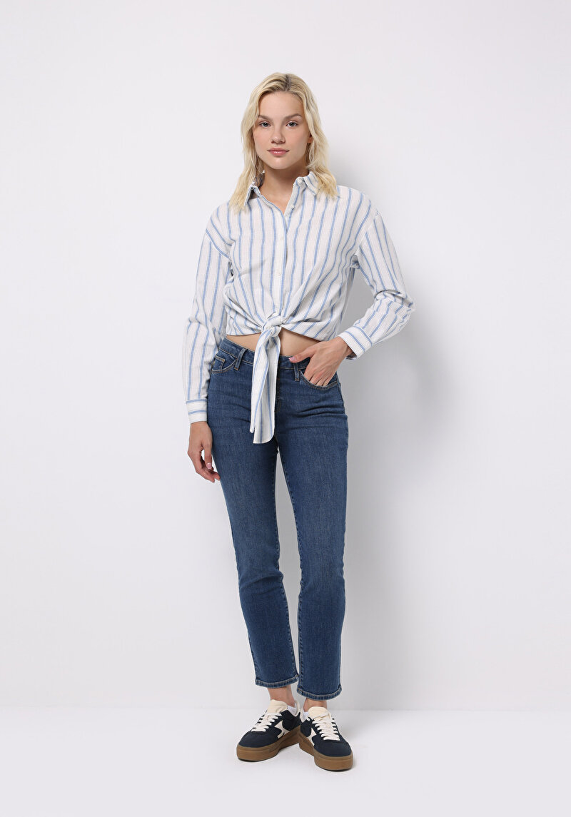 Regular Fit Shirt Neck Çizgili Kadın Mavi Uzun Kol Gömlek