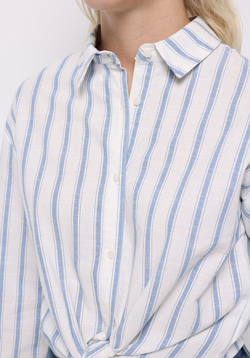 Regular Fit Shirt Neck Çizgili Kadın Mavi Uzun Kol Gömlek