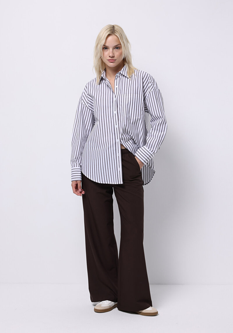 Regular Fit Yüksel Bel Geniş Paça Kadın Kahverengi Pantolon