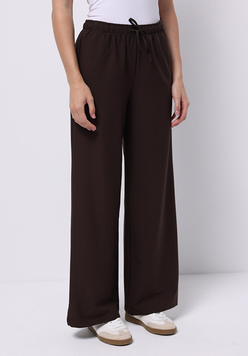 Regular Fit Yüksel Bel Geniş Paça Kadın Kahverengi Pantolon