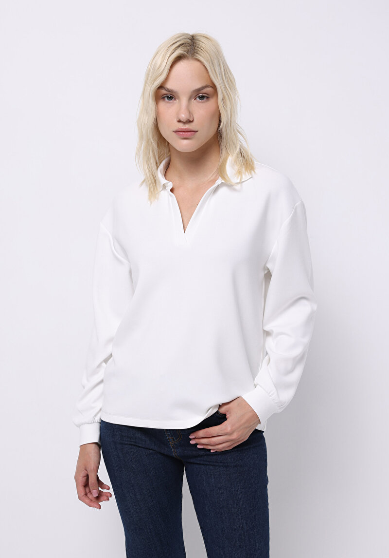Regular Fit Polo Yaka Düz Kadın Beyaz Uzun Kol Tişört