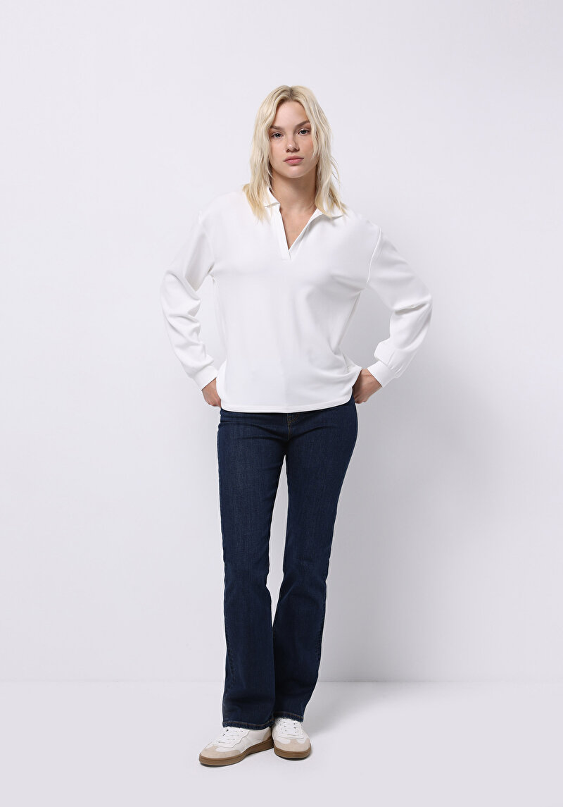 Regular Fit Polo Yaka Düz Kadın Beyaz Uzun Kol Tişört
