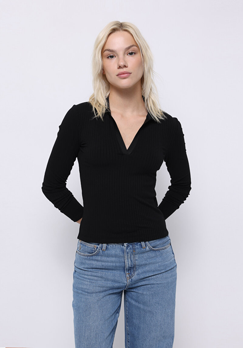 Slim Fit Polo Yaka Düz Kadın Siyah Uzun Kol Tişört
