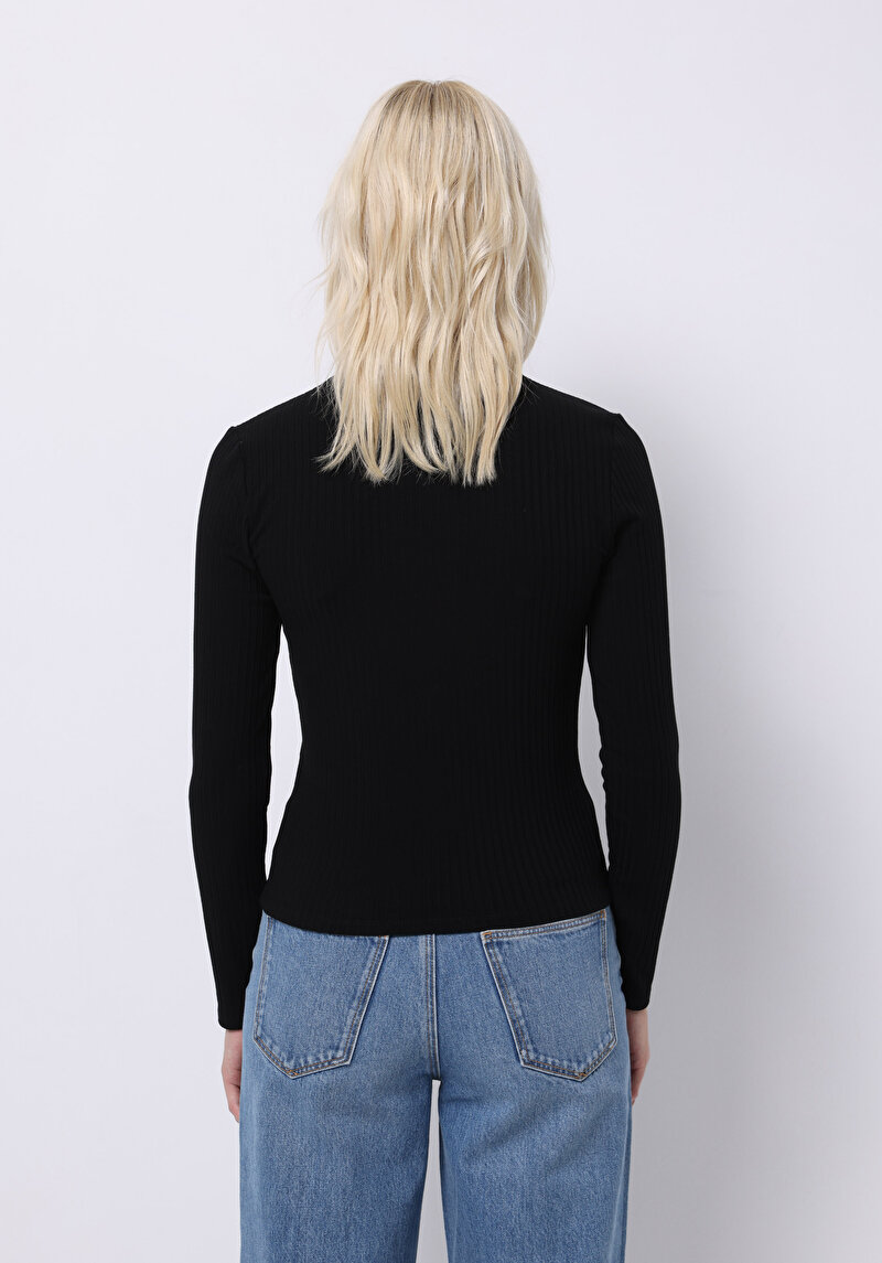 Slim Fit Polo Yaka Düz Kadın Siyah Uzun Kol Tişört