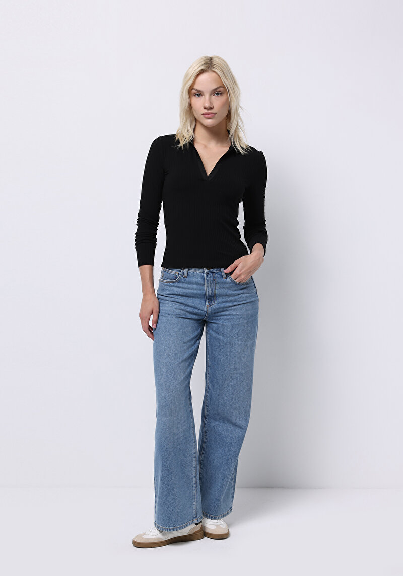 Slim Fit Polo Yaka Düz Kadın Siyah Uzun Kol Tişört