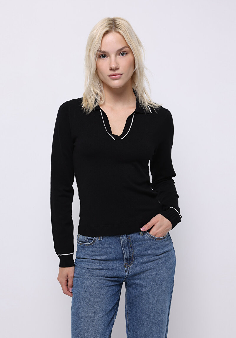 Slim Fit Polo Yaka Düz Kadın Siyah Kazak