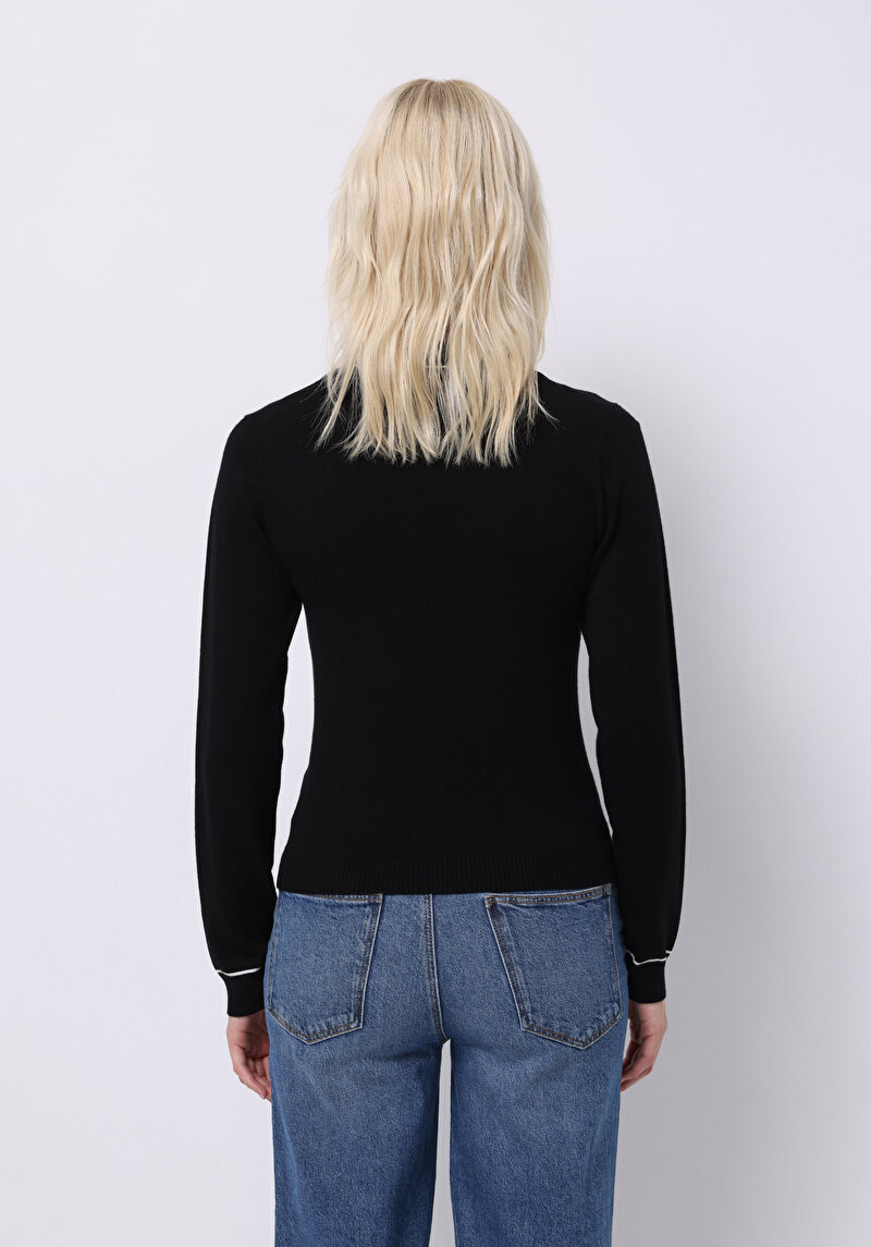 Slim Fit Polo Yaka Düz Kadın Siyah Kazak