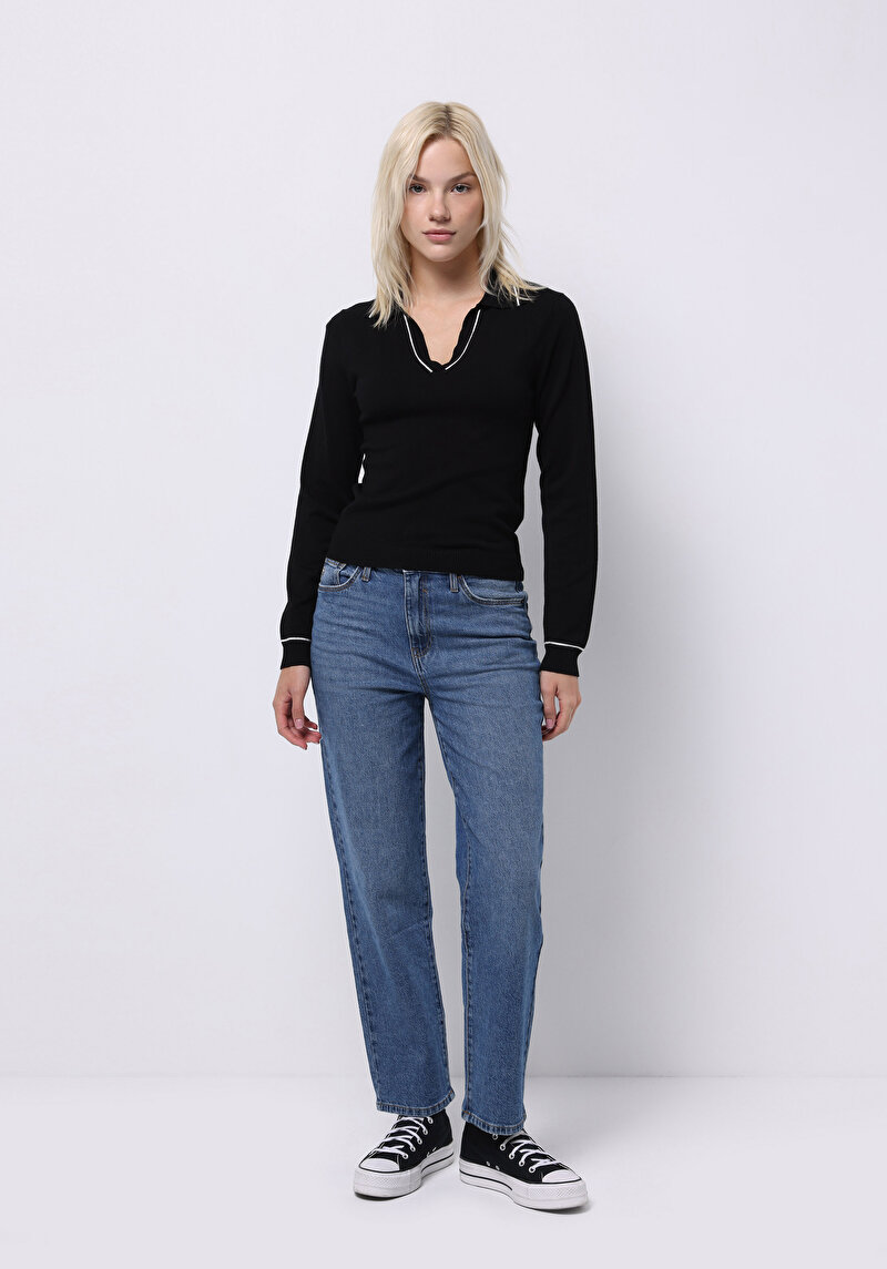 Slim Fit Polo Yaka Düz Kadın Siyah Kazak