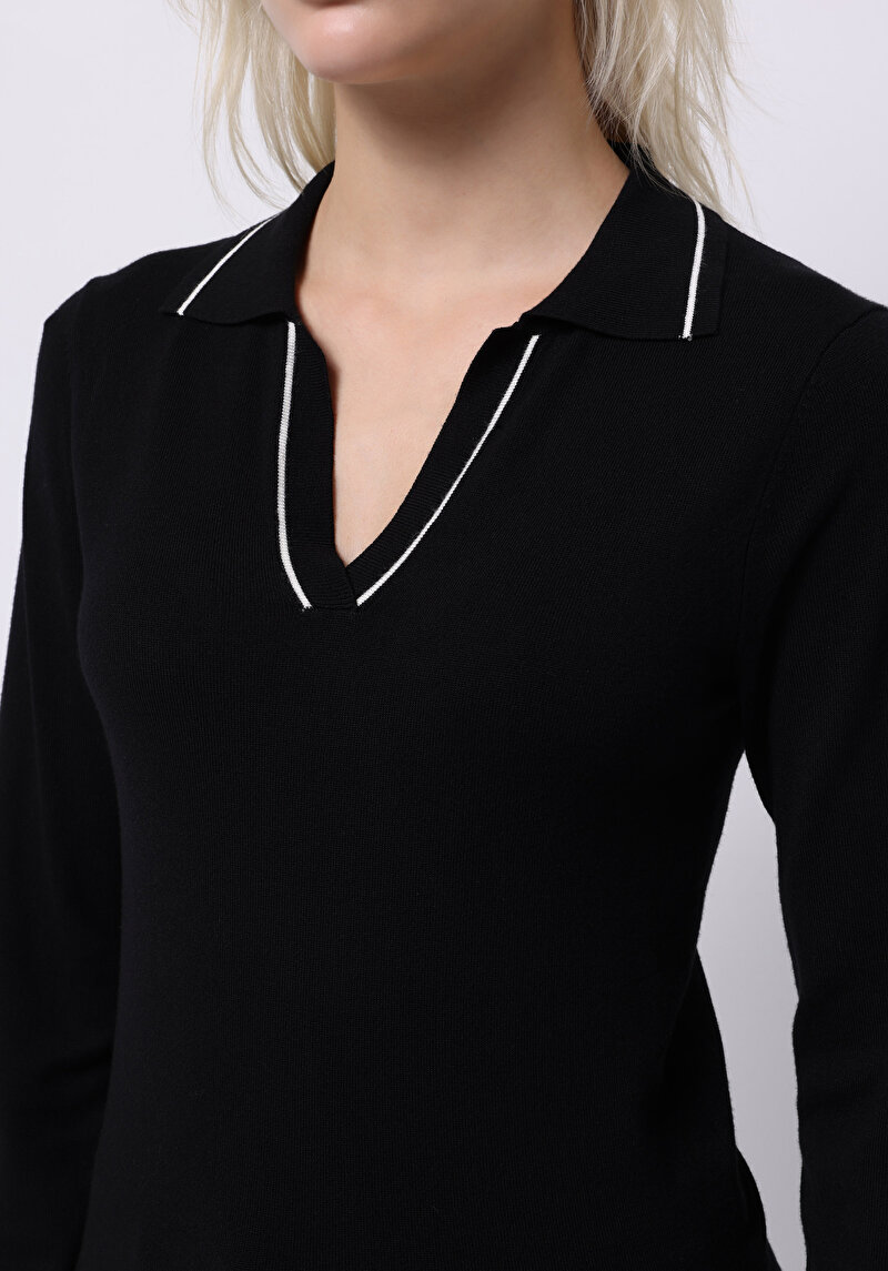 Slim Fit Polo Yaka Düz Kadın Siyah Kazak