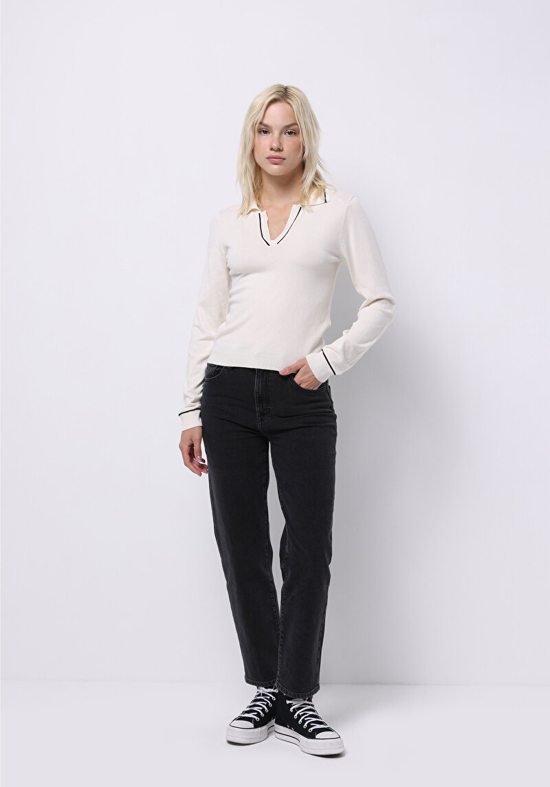 Slim Fit Polo Yaka Düz Kadın Beyaz Kazak