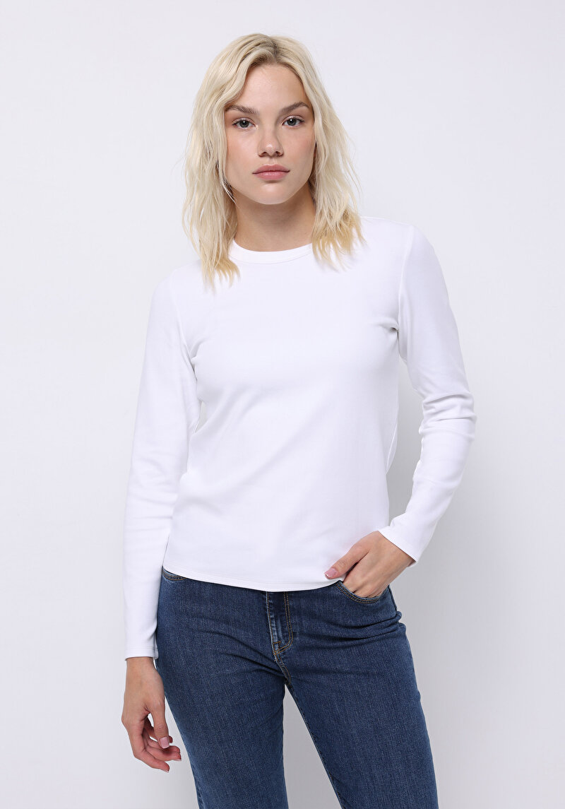 Slim Fit Yuvarlak Yaka Düz Kadın Beyaz Uzun Kol Tişört