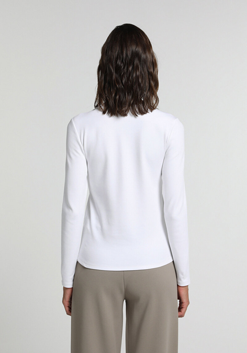 Slim Fit Yuvarlak Yaka Düz Kadın Beyaz Uzun Kol Tişört