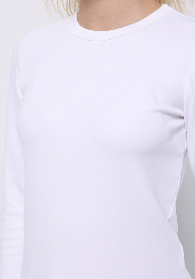 Slim Fit Yuvarlak Yaka Düz Kadın Beyaz Uzun Kol Tişört