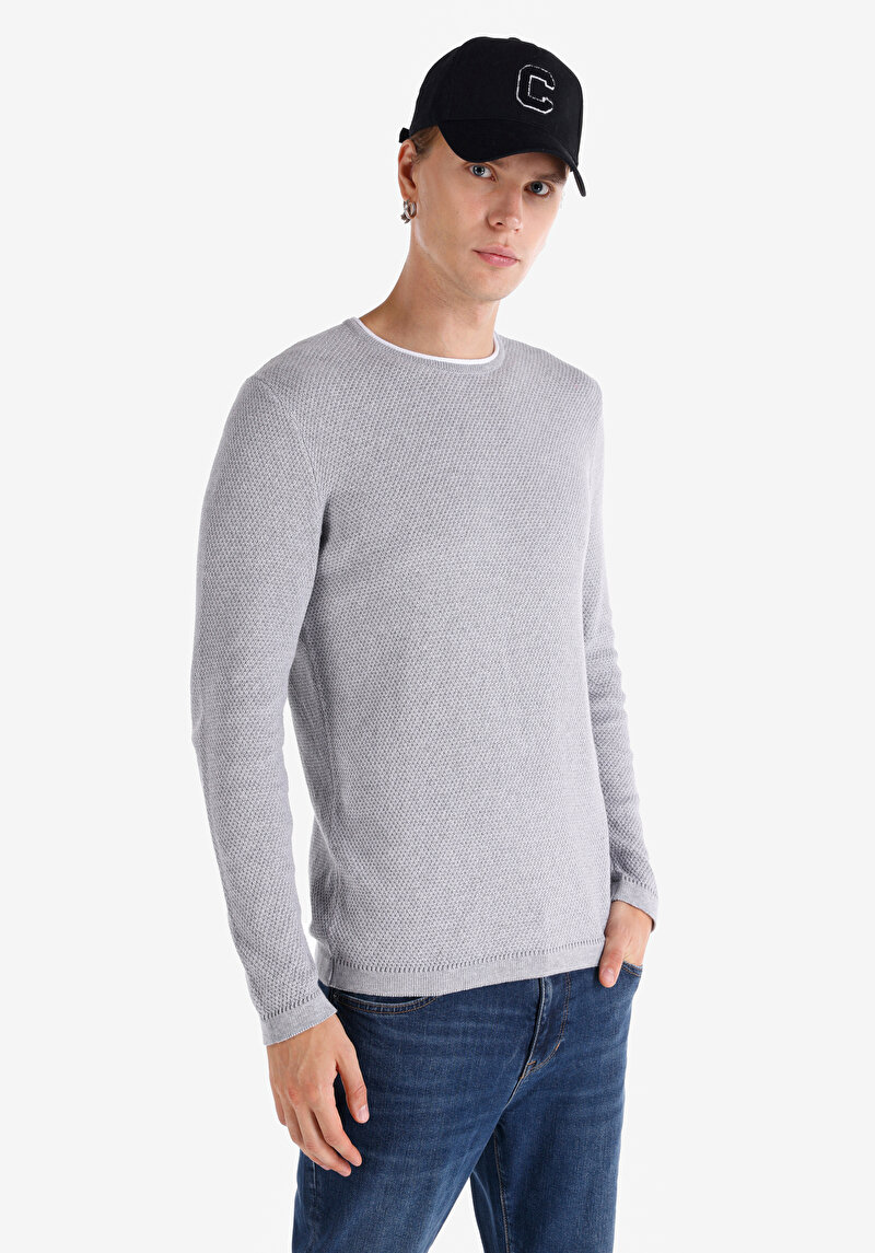Slim Fit Yuvarlak Yaka Düz Erkek Gri Kazak