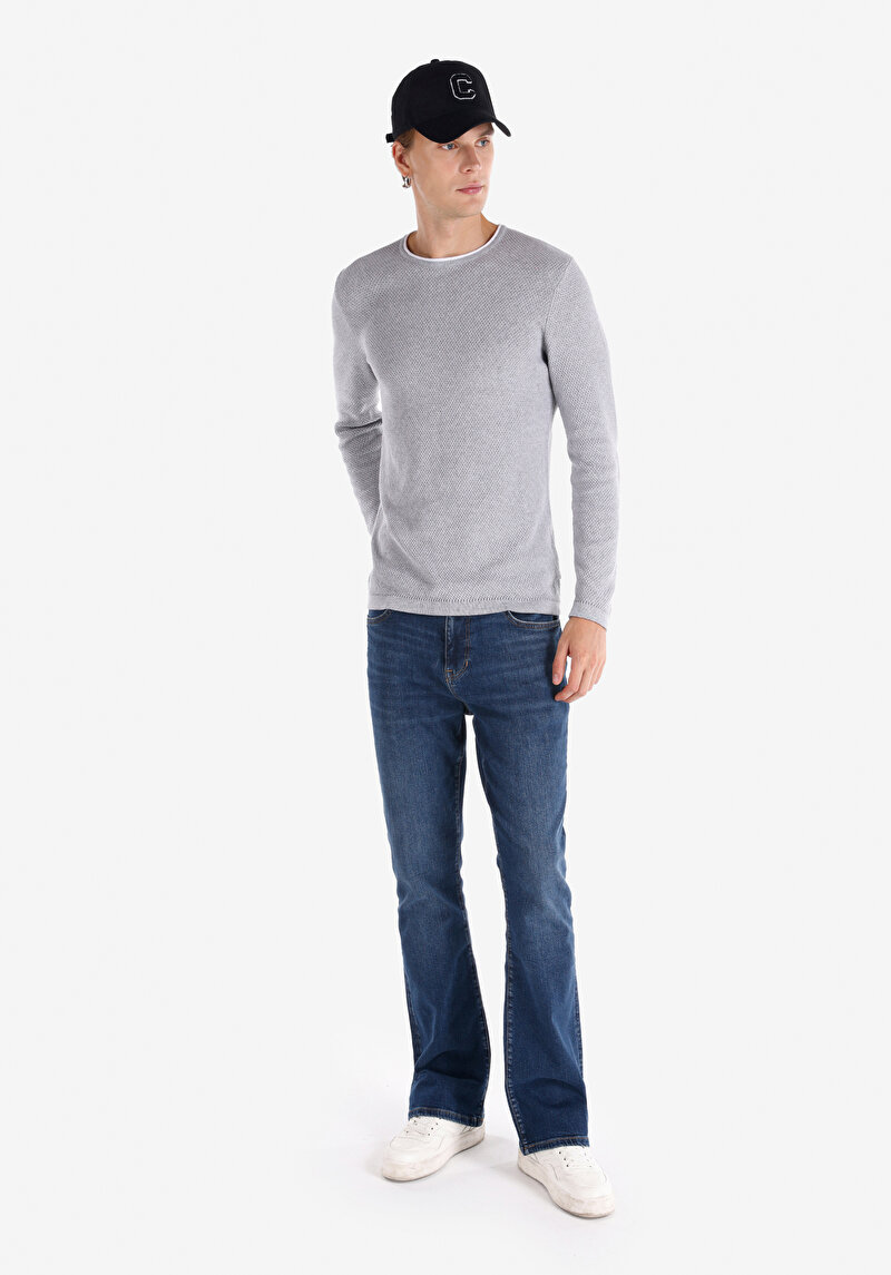Slim Fit Yuvarlak Yaka Düz Erkek Gri Kazak