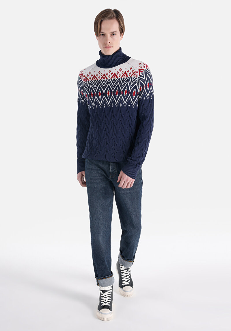 Regular Fit Turtle Neck Jakarlı Erkek Lacivert Kazak