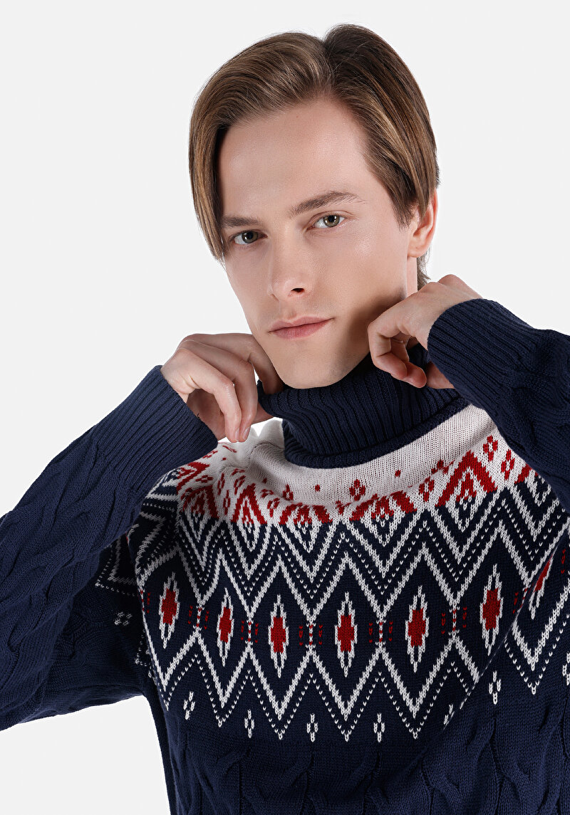 Regular Fit Turtle Neck Jakarlı Erkek Lacivert Kazak