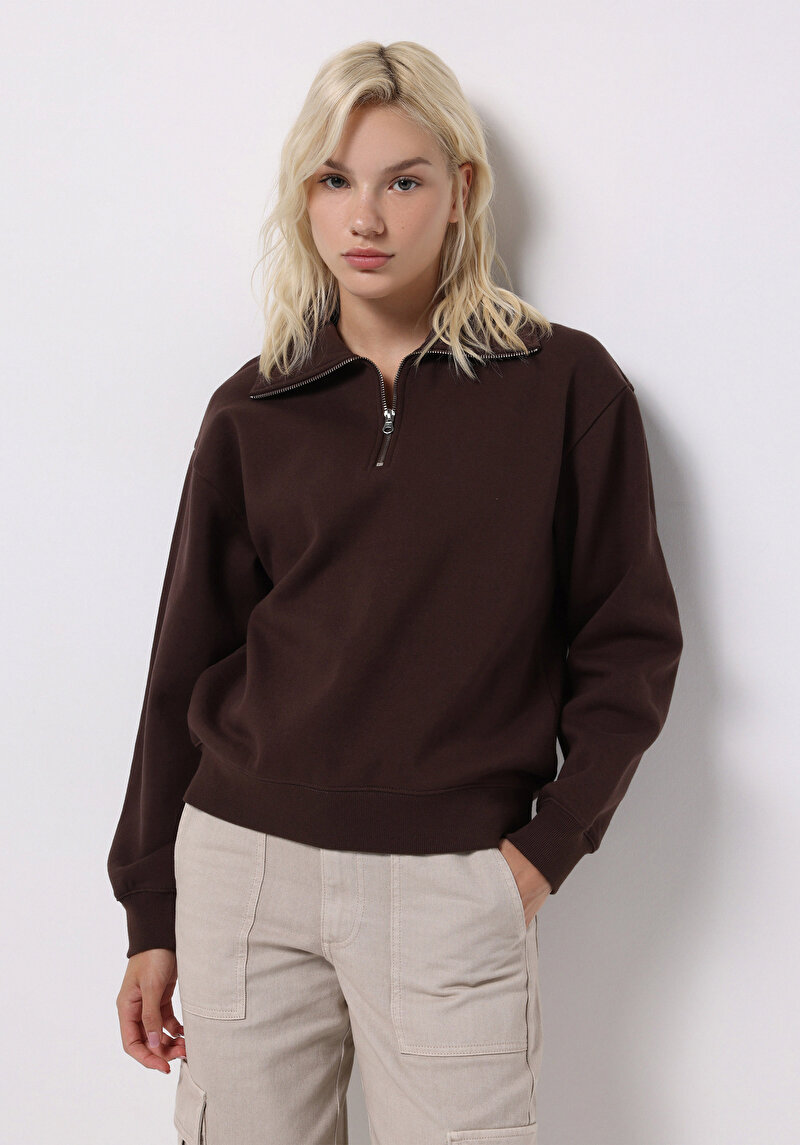 Regular Fit Fermuarlı Nakışlı Kadın Kahverengi Sweatshirt