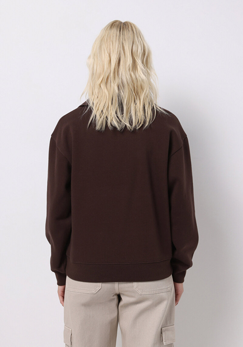 Regular Fit Fermuarlı Nakışlı Kadın Kahverengi Sweatshirt