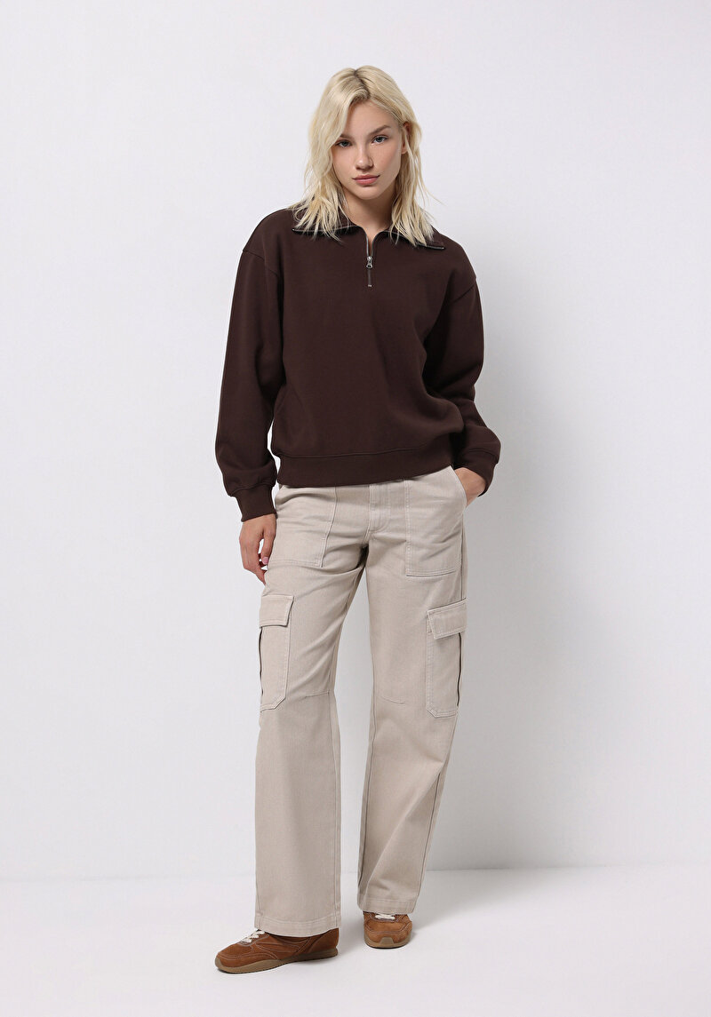 Regular Fit Fermuarlı Nakışlı Kadın Kahverengi Sweatshirt