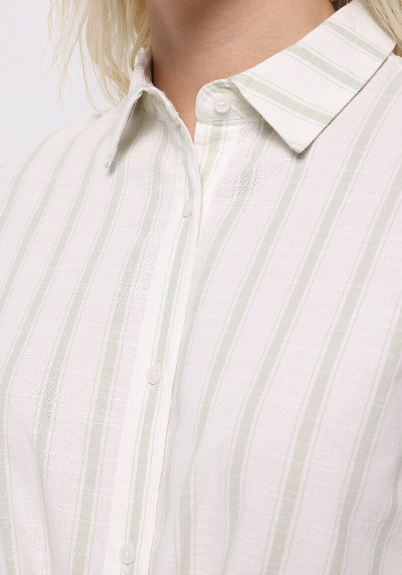 Regular Fit Shirt Neck Çizgili Kadın Yeşil Uzun Kol Gömlek
