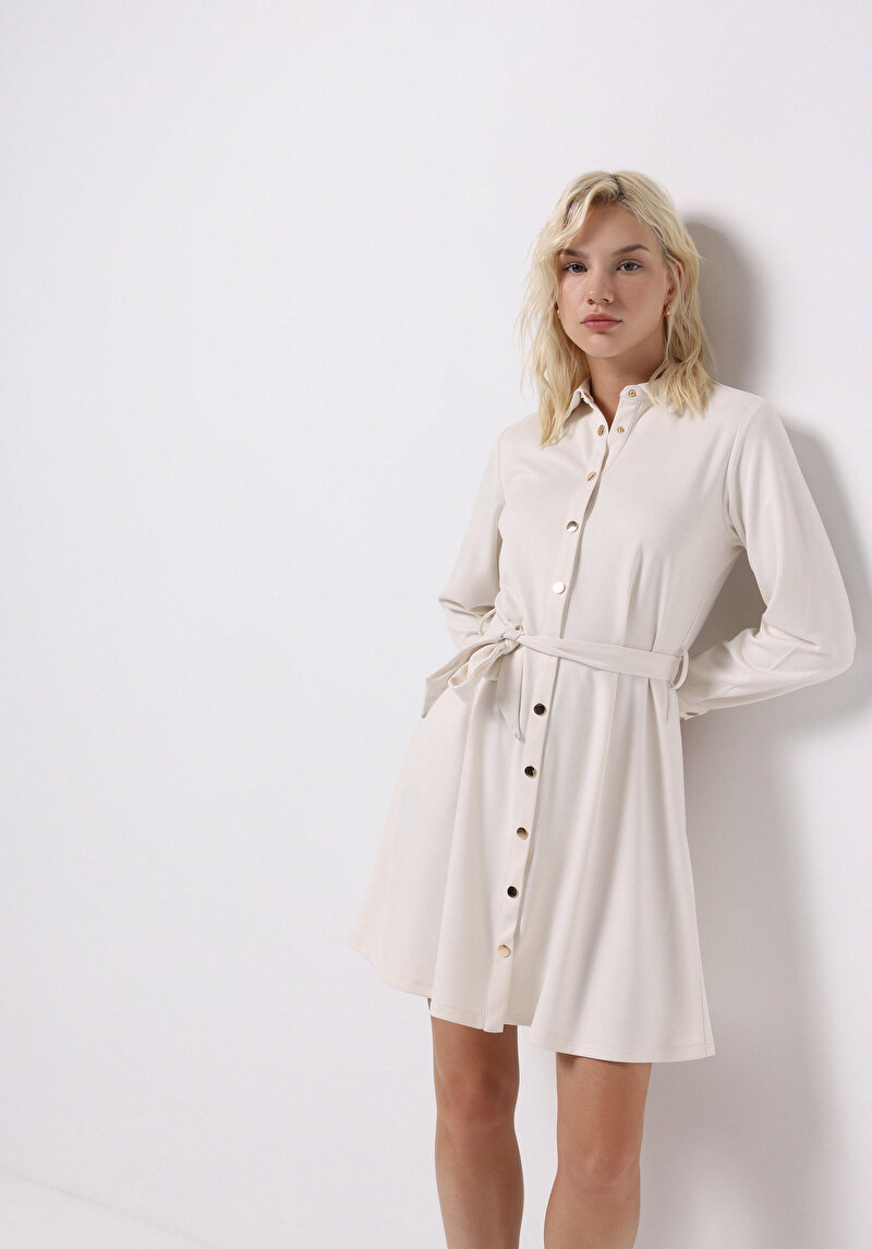 Regular Fit Düz Kadın Ekru Uzun Kol Elbise