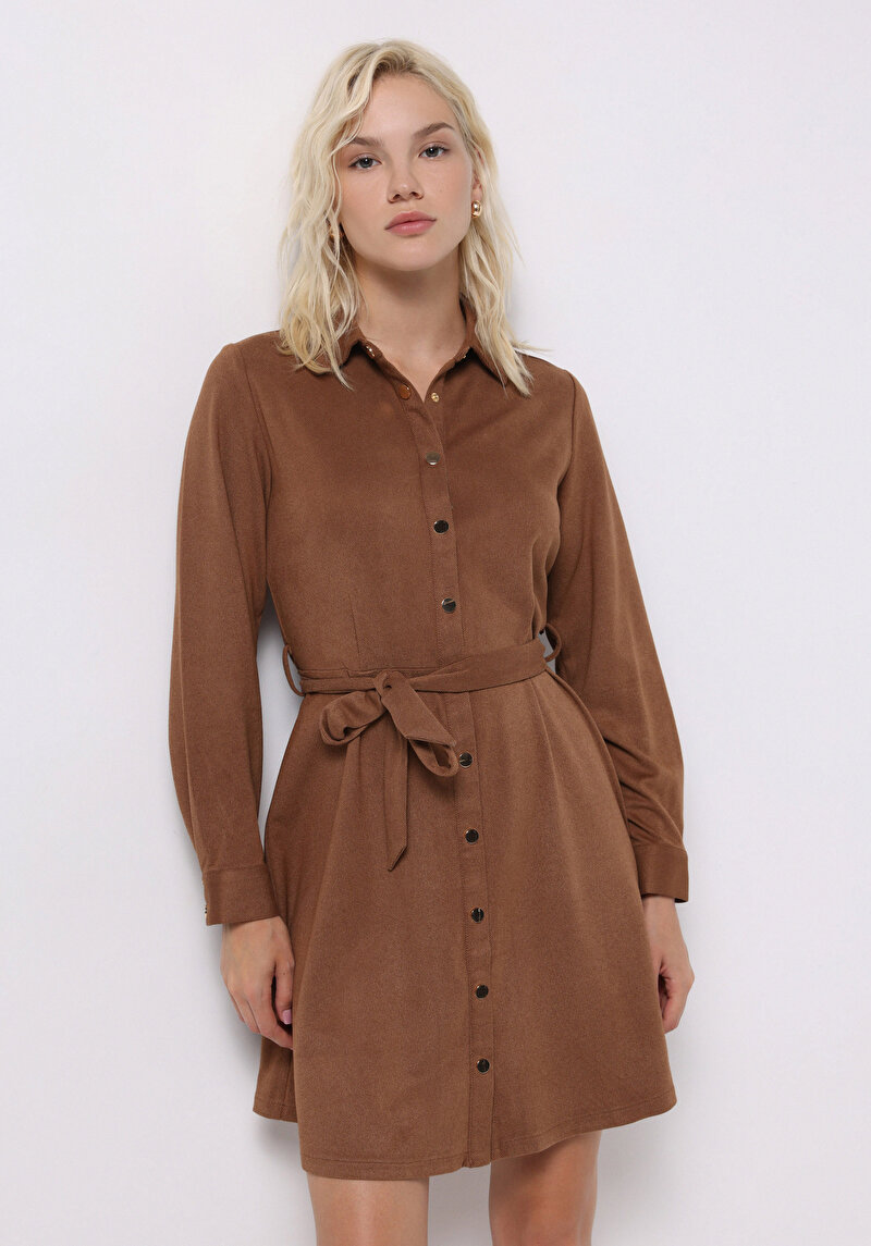 Regular Fit Düz Kadın Bej Uzun Kol Elbise