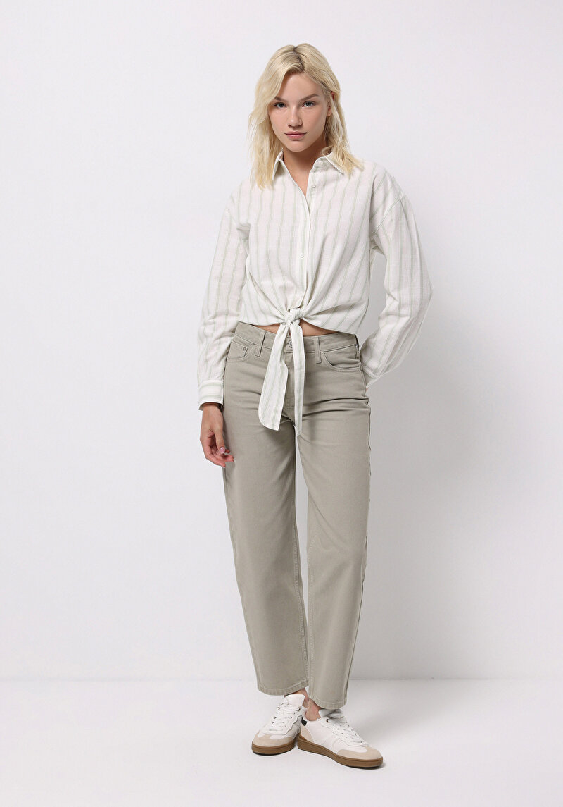 Barrel Fit Yüksel Bel Düz Paça Kadın Yeşil Pantolon