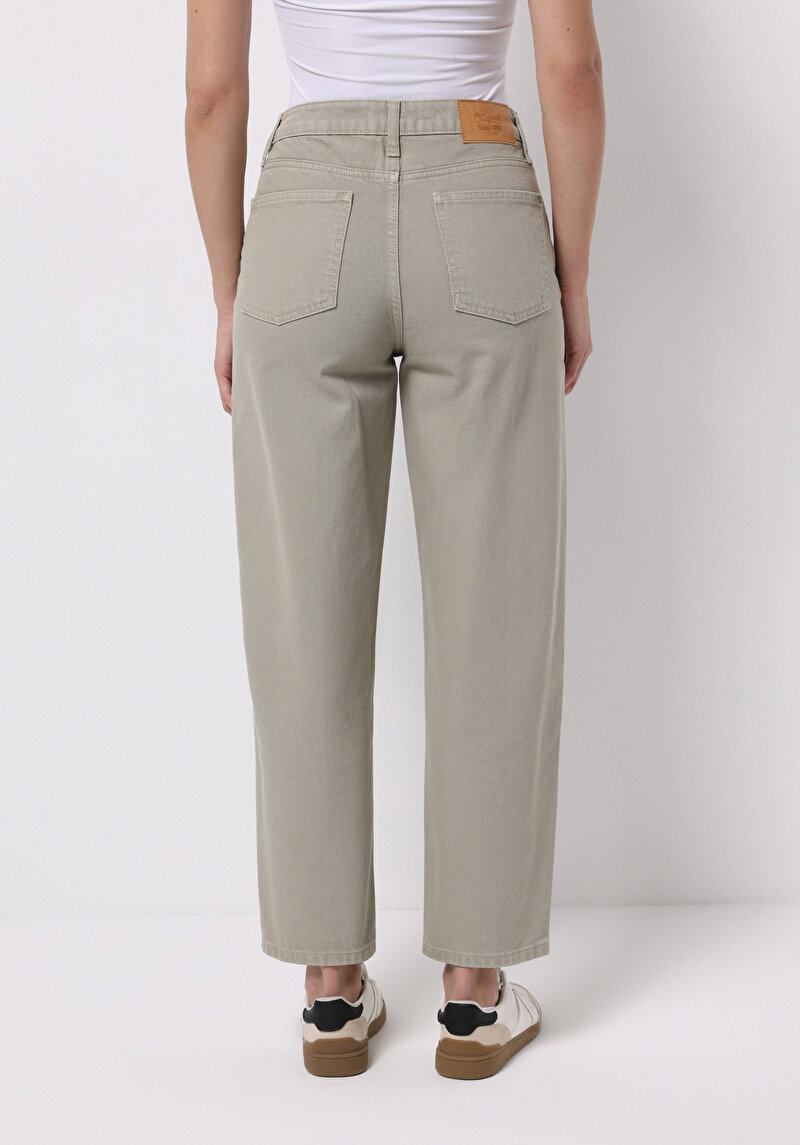 Barrel Fit Yüksel Bel Düz Paça Kadın Yeşil Pantolon