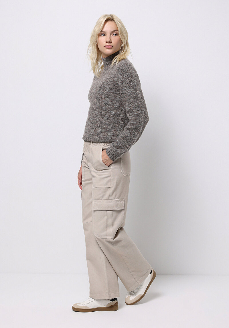 Slim Fit Dik Yaka Düz Kadın Kahverengi Kazak