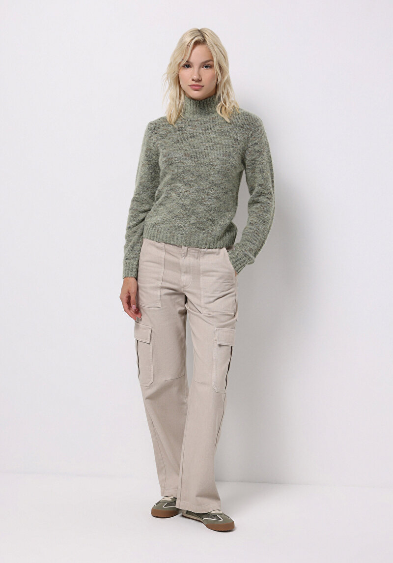 Slim Fit Dik Yaka Düz Kadın Yeşil Kazak