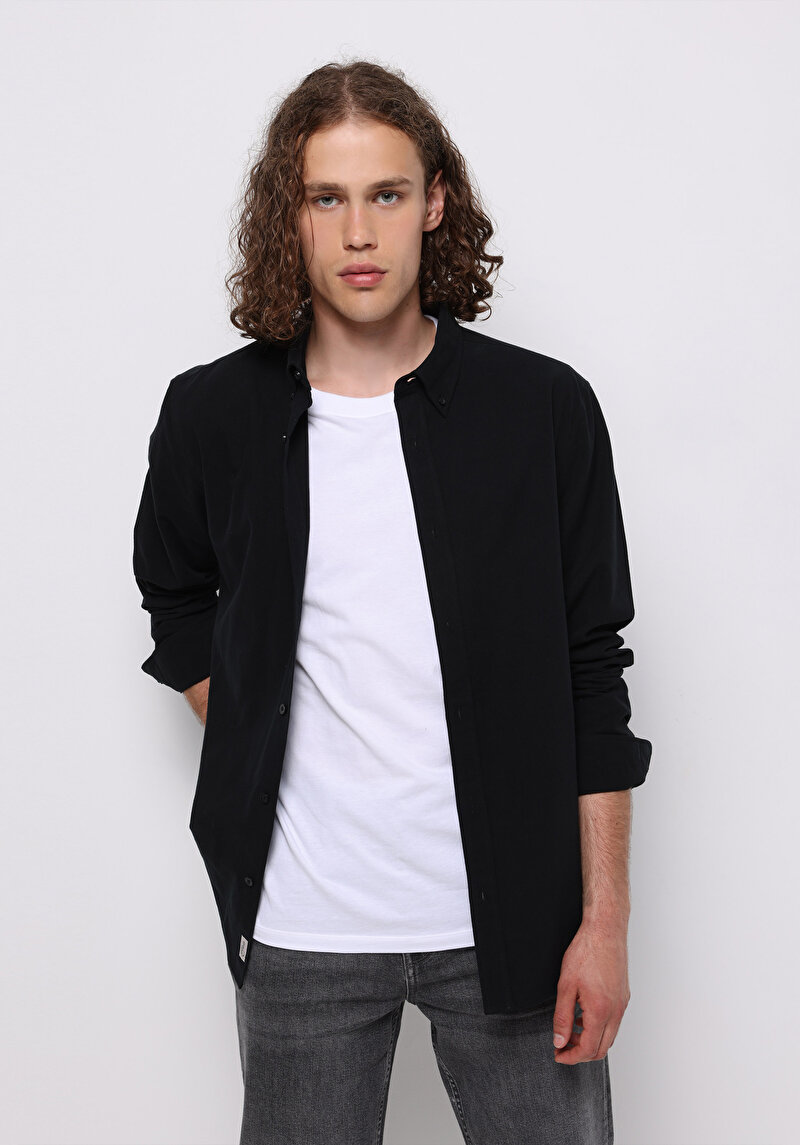 Regular Fit Shirt Neck Düz Erkek Siyah Uzun Kol Gömlek