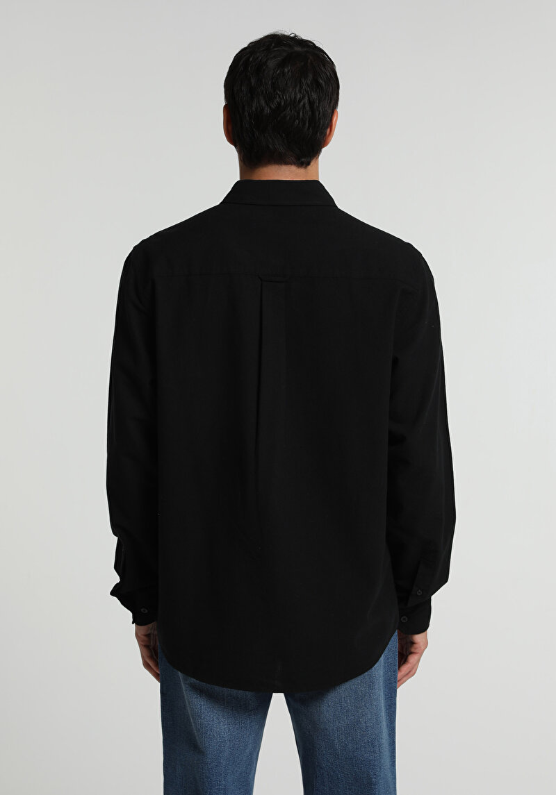 Regular Fit Shirt Neck Düz Erkek Siyah Uzun Kol Gömlek