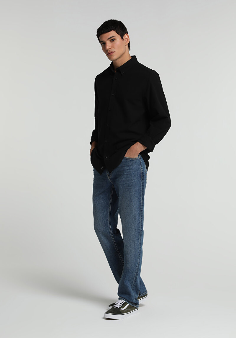 Regular Fit Shirt Neck Düz Erkek Siyah Uzun Kol Gömlek